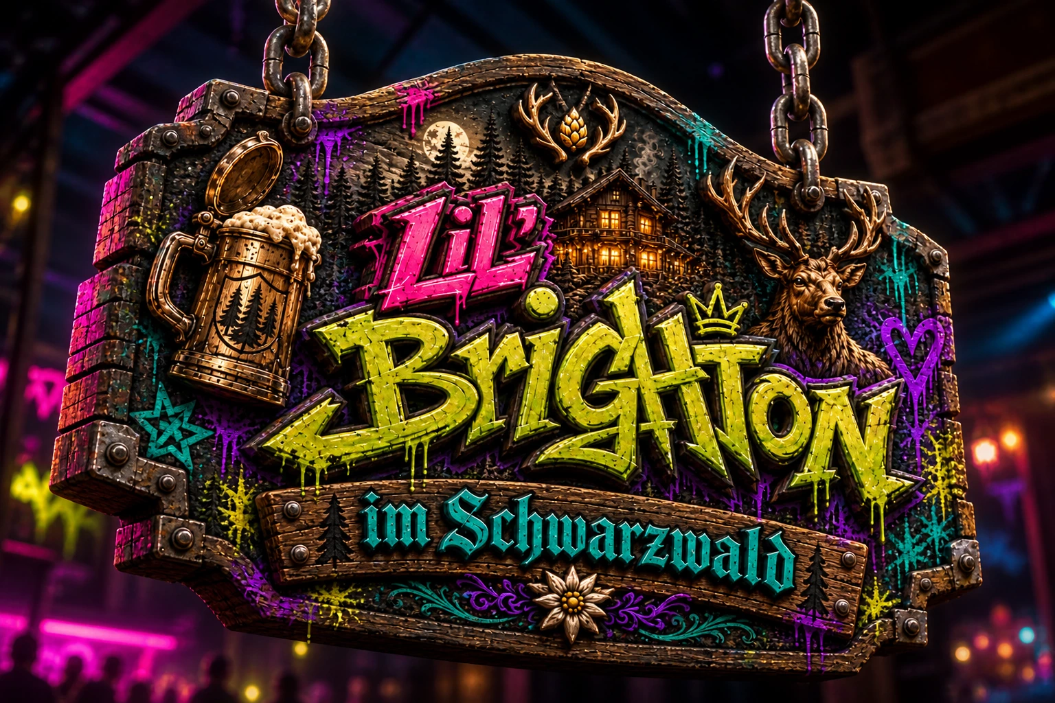 Lil&rsquo; Brighton im Schwarzwald &ndash; embossed 3D carved wooden sign logo