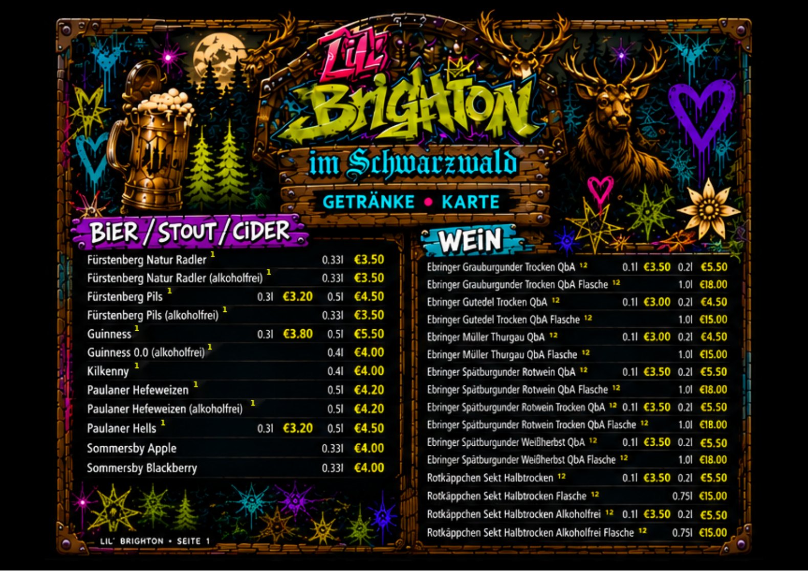 Full drinks menu artwork, page one