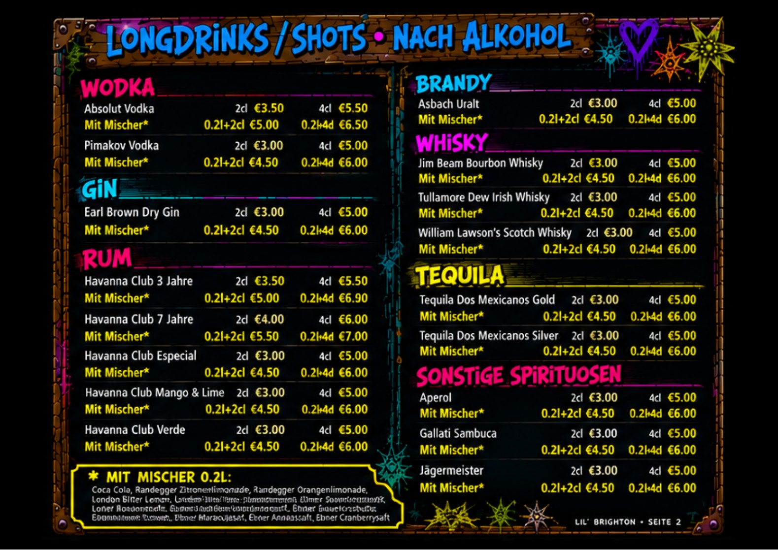 Seite 2 der Originalkarte: Spirituosen, Longdrinks und Shots.