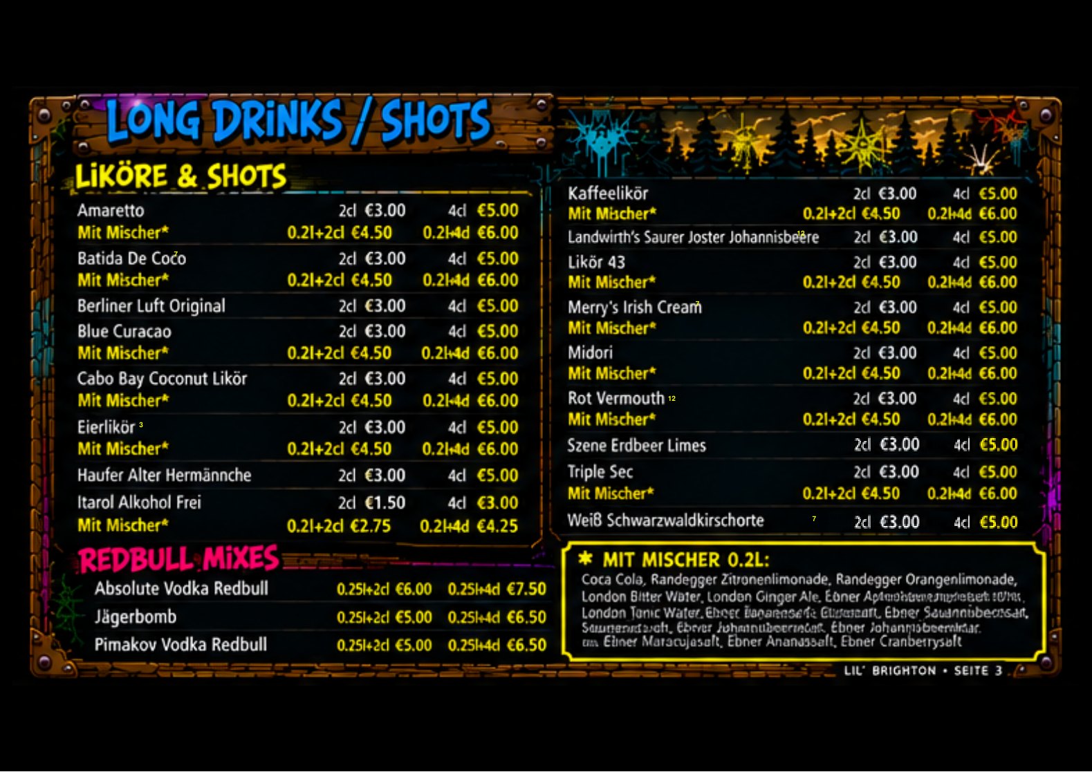 Seite 3 der Originalkarte: Lik&ouml;re, Shots und Red Bull Mixes.