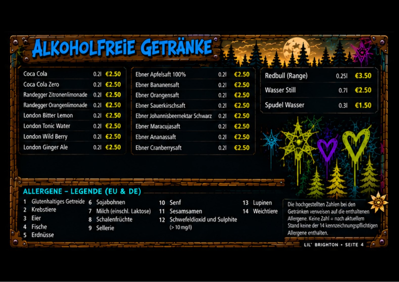 Seite 4 der Originalkarte: alkoholfreie Getr&auml;nke und Allergen-Legende.
